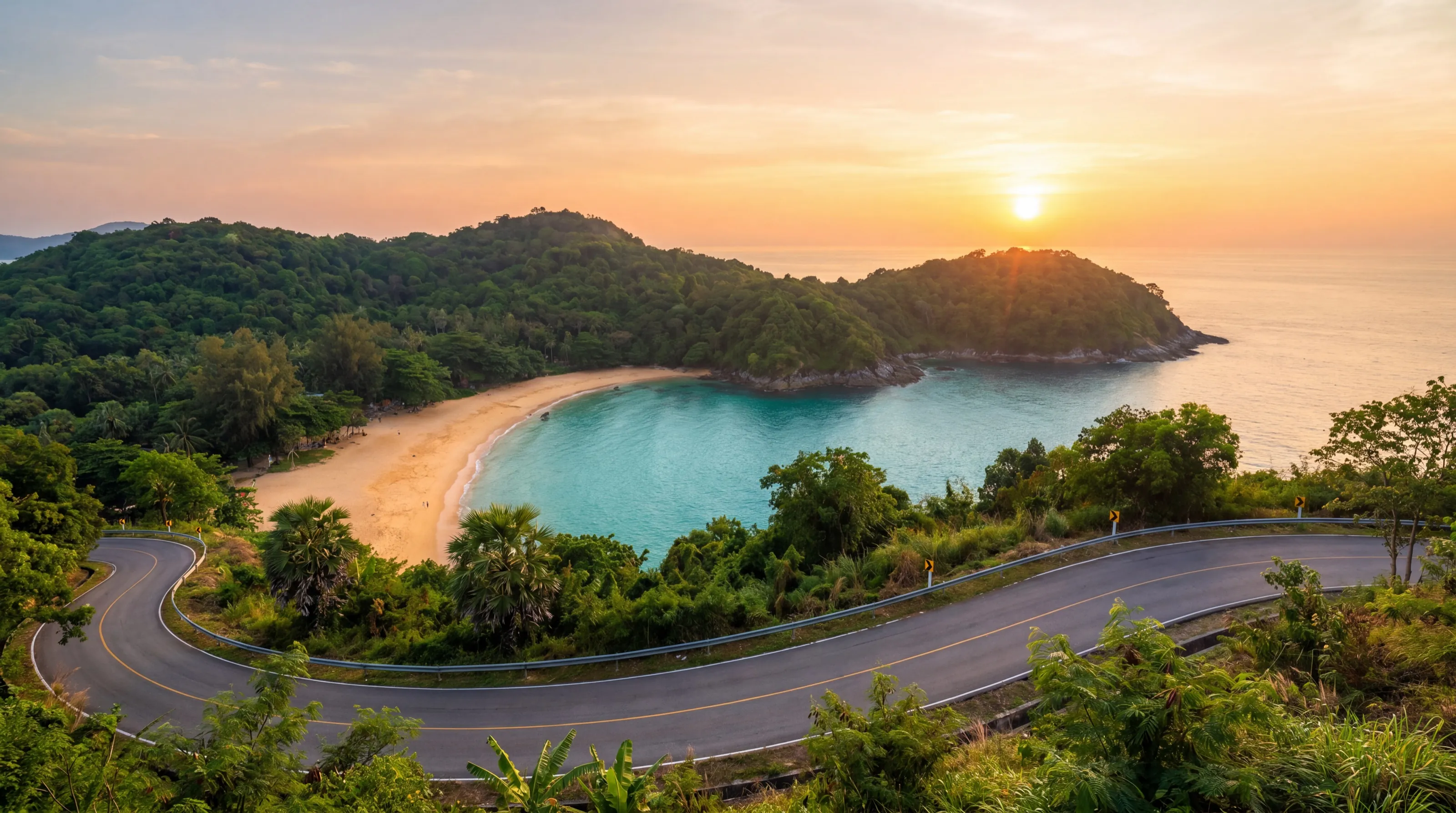 Nai Thon bay from the coastal road — turquoise water between green headlands